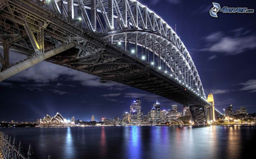 Sydney Harbour Bridge, kivilágított híd, éjszaka, Sydney Opera House, Sydney