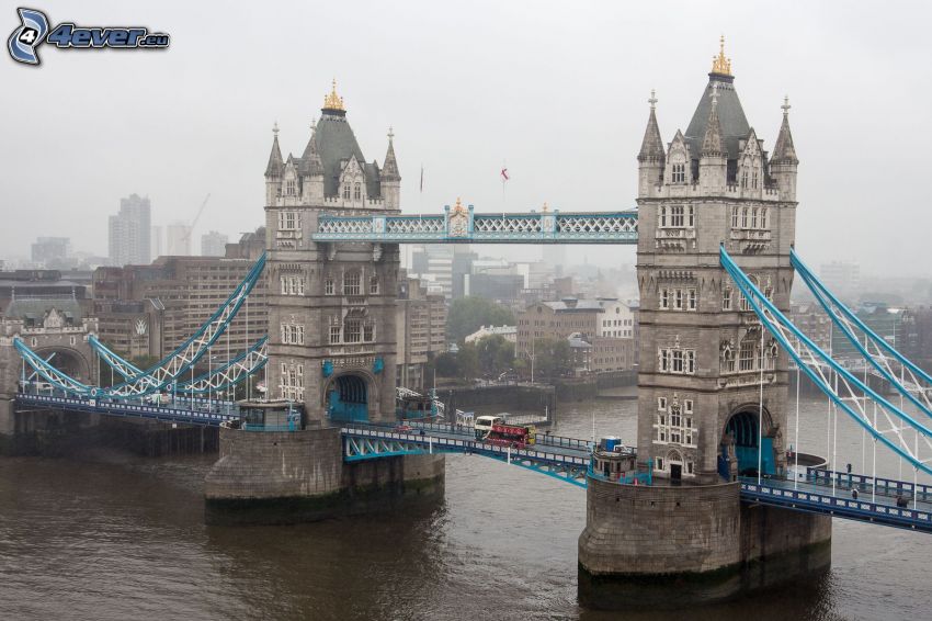Tower Bridge, Temze, London, köd