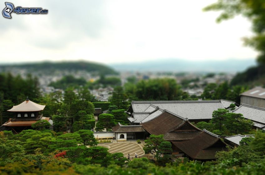 japán ház, fák, falu, diorama