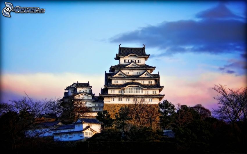 kastély, Japán, napnyugta