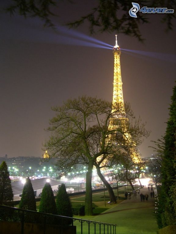 kivilágított Eiffel-torony, park, fák, éjszakai város