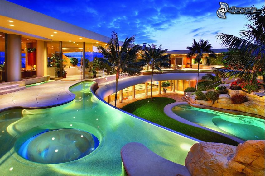 luxus ház, medence, pálmafák