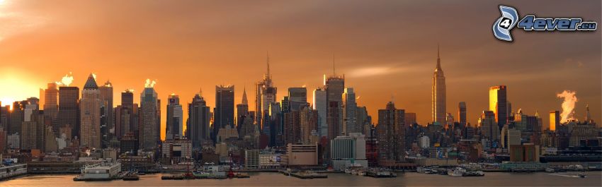 Manhattan, New York, felhőkarcolók, naplemente a város felett, panoráma, Empire State Building