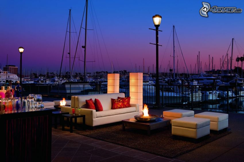 Marina Del Rey, kikötő, hajók, kanapé, terasz, este, kivilágítás, Kalifornia