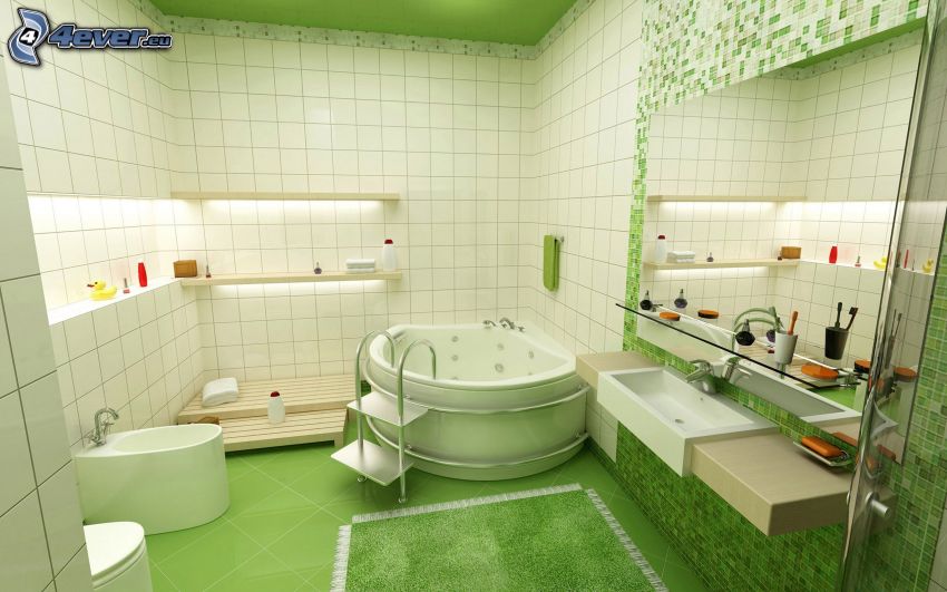 fürdőszoba, kád, zöld