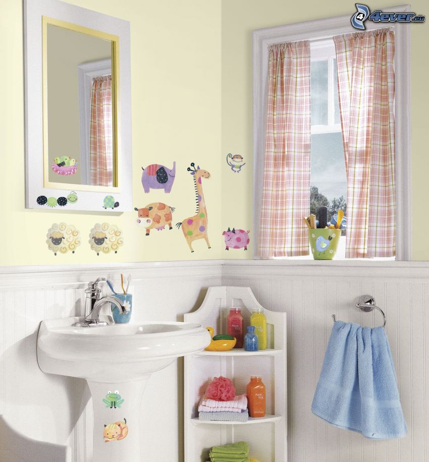fürdőszoba, mosdókagyló, törülköző, állatok, ablak