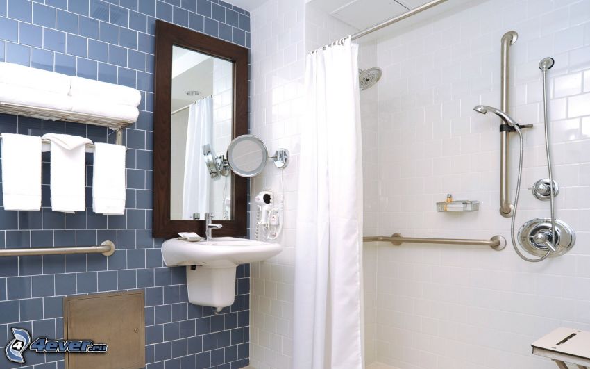 fürdőszoba, mosdókagyló, tükör, zuhany
