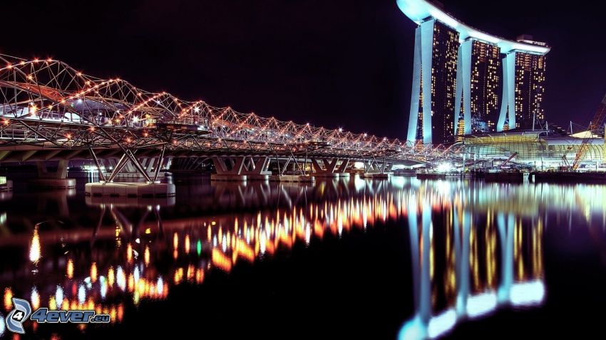 Marina Bay Sands, Szingapúr, éjszaka, visszatükröződés