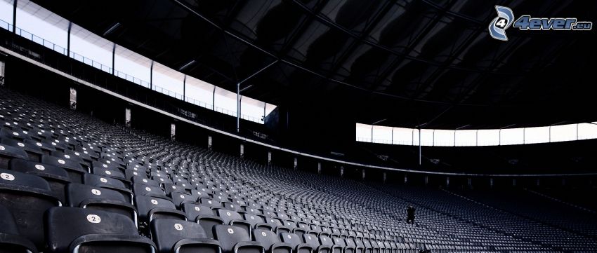 stadion, székek, fekete-fehér kép