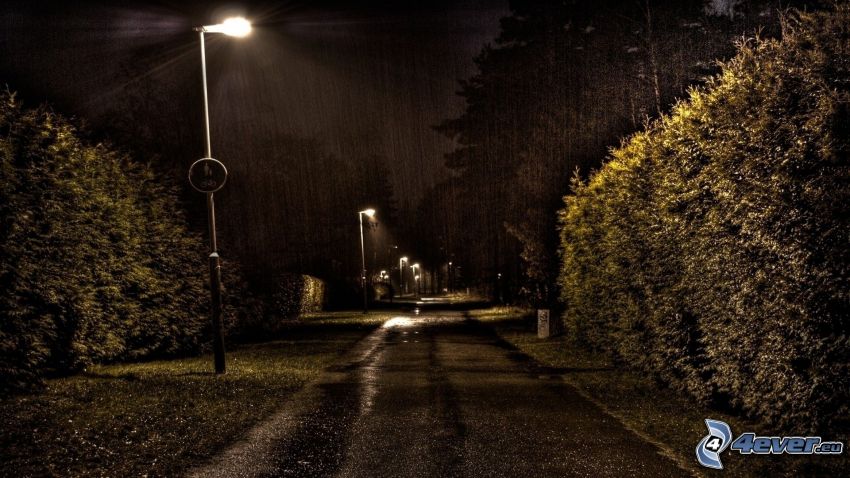 éjszakai park, eső, közvilágítás, járda