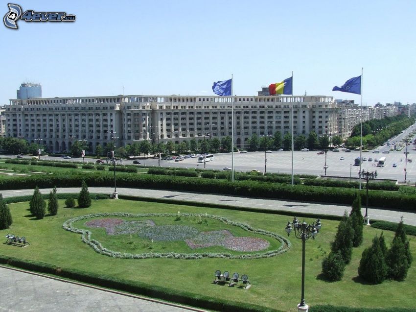 parlament, Románia, zászlók, park