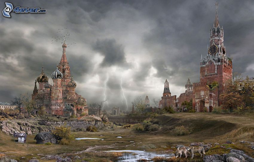 posztapokaliptikus város, Moszkva, Boldog Vazul-székesegyház, Kreml, Oroszország, templom, villámok