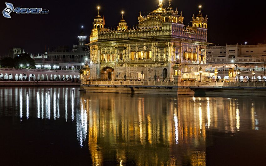 templom, arany, India, folyó, visszatükröződés, éjszaka
