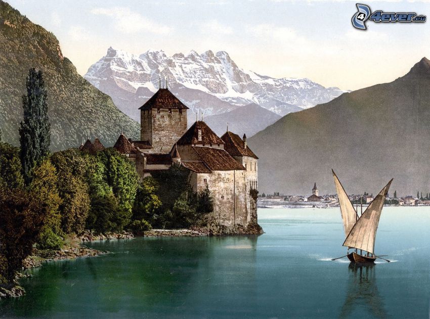 Chillon kastély, hajók, folyó, hegyvonulat