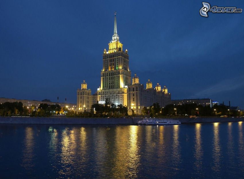 épület, Moszkva, este, kivilágítás, folyó
