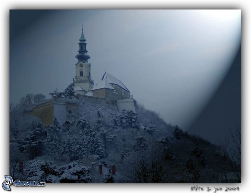 kastély, Nitra, hó, ég