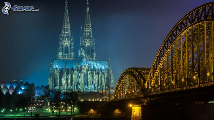 Kölni dóm, Hohenzollern Bridge, kivilágított híd, Köln