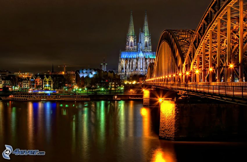 Kölni dóm, Köln, kivilágított híd, Hohenzollern Bridge, éjszakai város