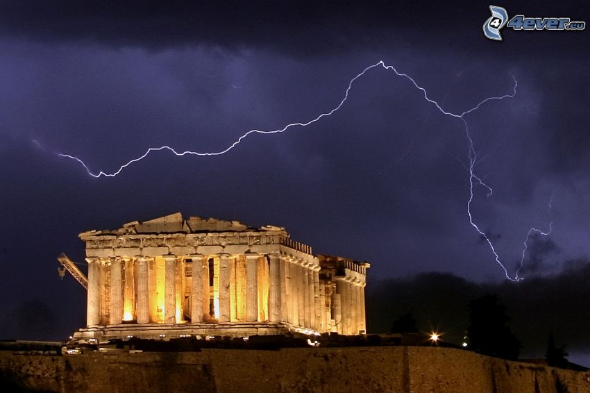 Parthenón, Athén, villámok, éjszaka