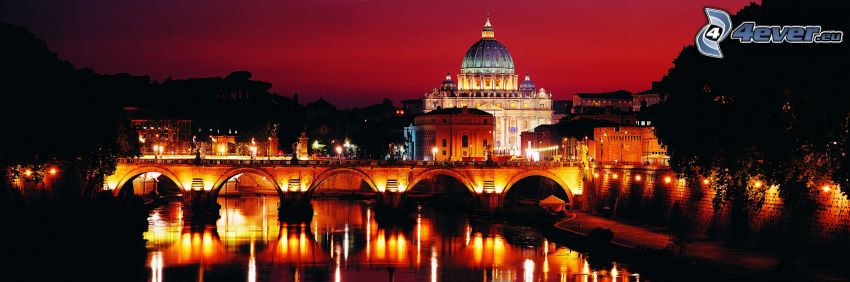 Szent Péter-bazilika, Vatikán, Olaszország, éjszakai város, kivilágított híd