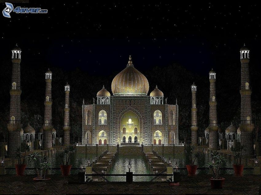 Tádzs Mahal, éjszaka, szökőkút, oszlopok