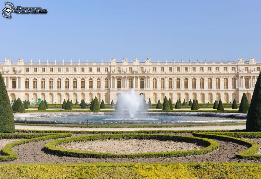 Versailles-i kastély, szökőkút, kert, bokrok