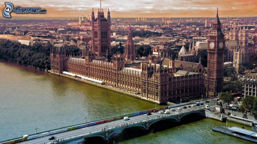 Westminster-palota, brit parlament, Big Ben, London, Temze, híd