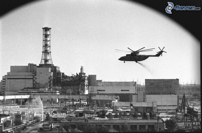 atomerőmű, helikopter, Csernobil, fekete-fehér kép