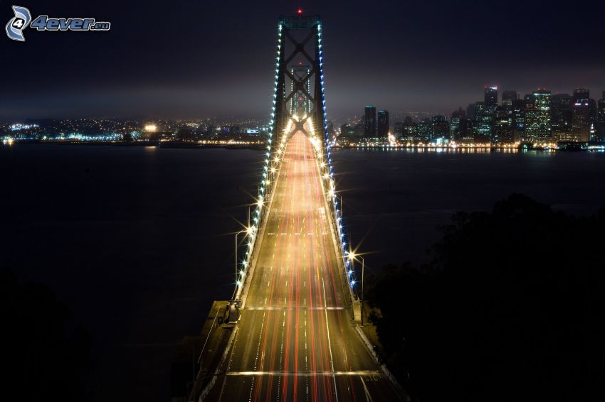 Bay Bridge, San Francisco, éjszakai város, kivilágított híd