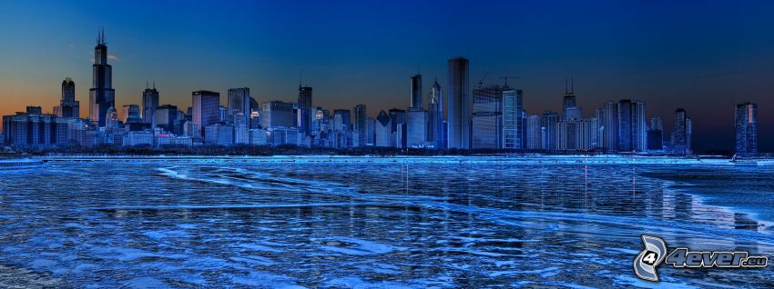 Chicago, befagyott tó, Michigan-tó, Willis Tower, panoráma