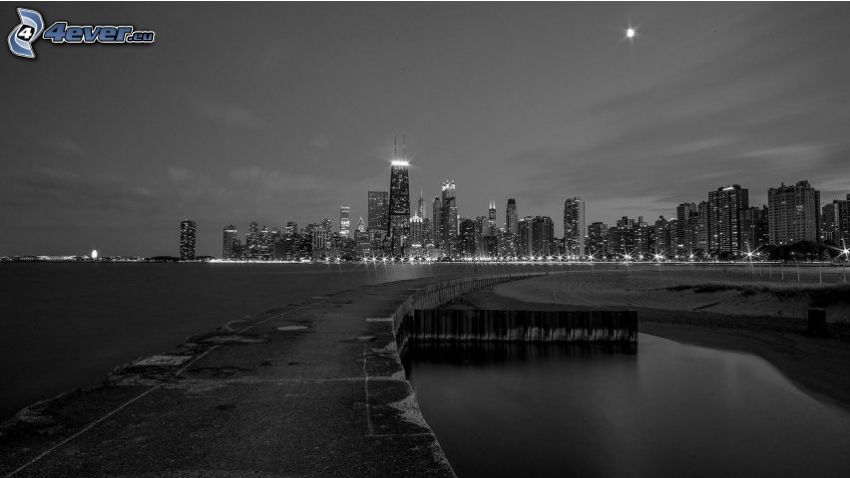 Chicago, éjszakai város, fekete-fehér kép