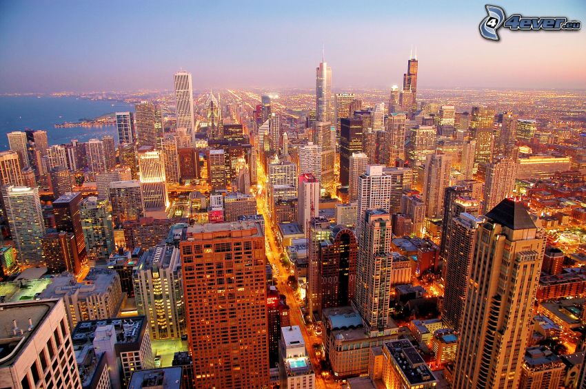 Chicago, esti város, felhőkarcolók, kilátás a városra