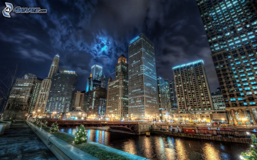 Chicago, felhőkarcolók, éjszakai város, HDR