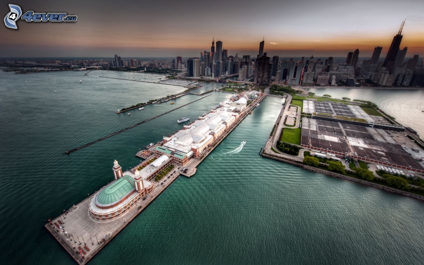 Chicago, kikötő, napnyugta után