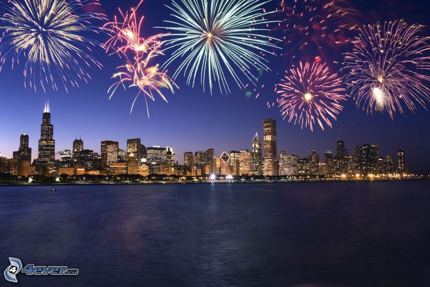 Chicago, tűzijáték, éjszakai város
