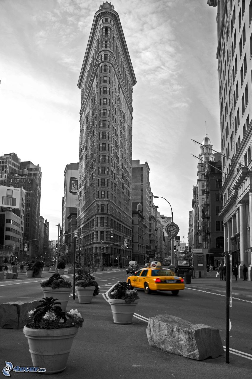 Flatiron, Manhattan, utca, taxi, fekete-fehér kép
