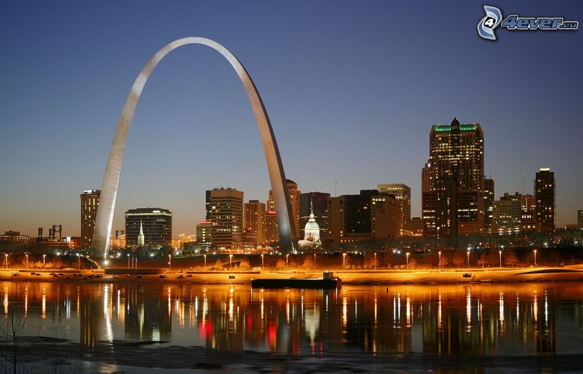 Gateway Arch, St. Louis, USA, épületek, folyó, este, kivilágítás