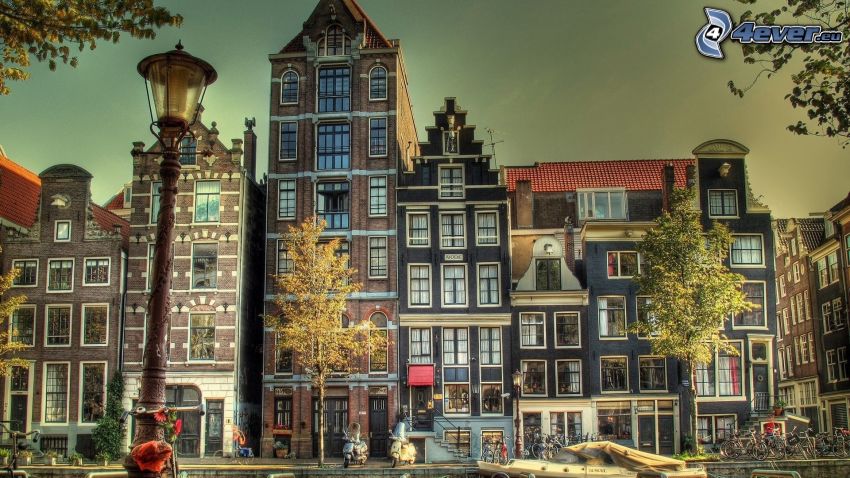 házak, utcai lámpa, Amsterdam
