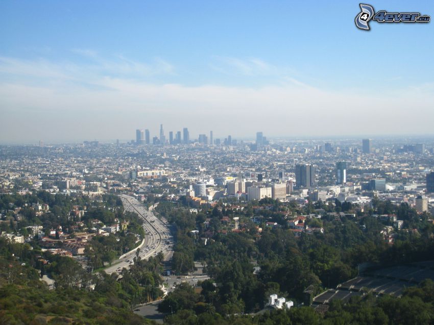 Hollywood Hills, kilátás a városra, Los Angeles belvárosa, panoráma, országút, város