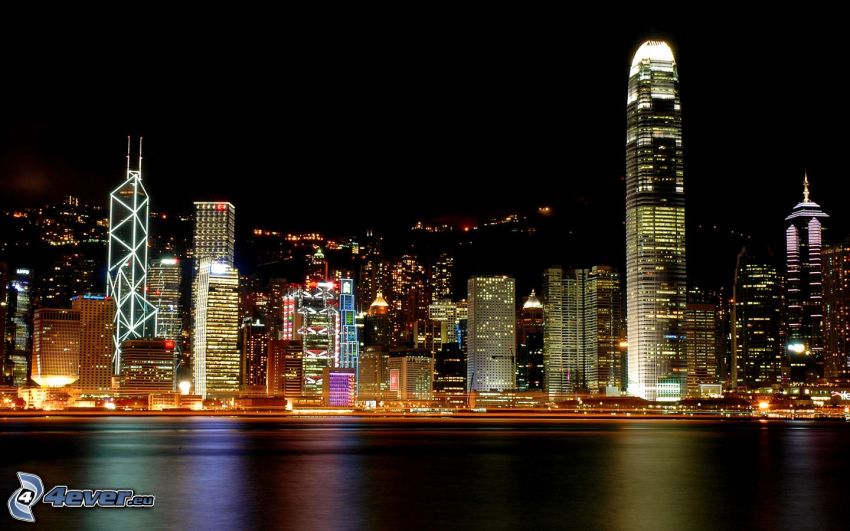 Hong Kong, Bank of China Tower, éjszakai város, nagyváros, felhőkarcolók, fények