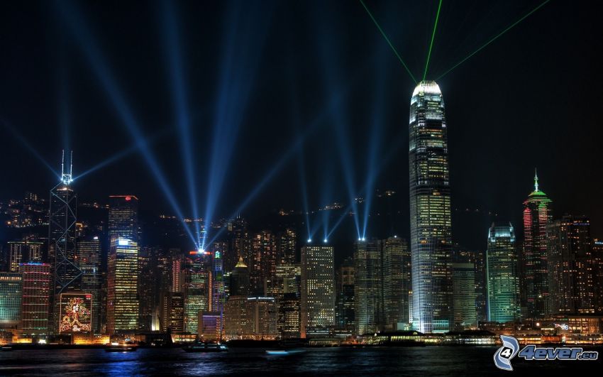 Hong Kong, Two International Finance Centre, felhőkarcolók, fények, éjszakai város