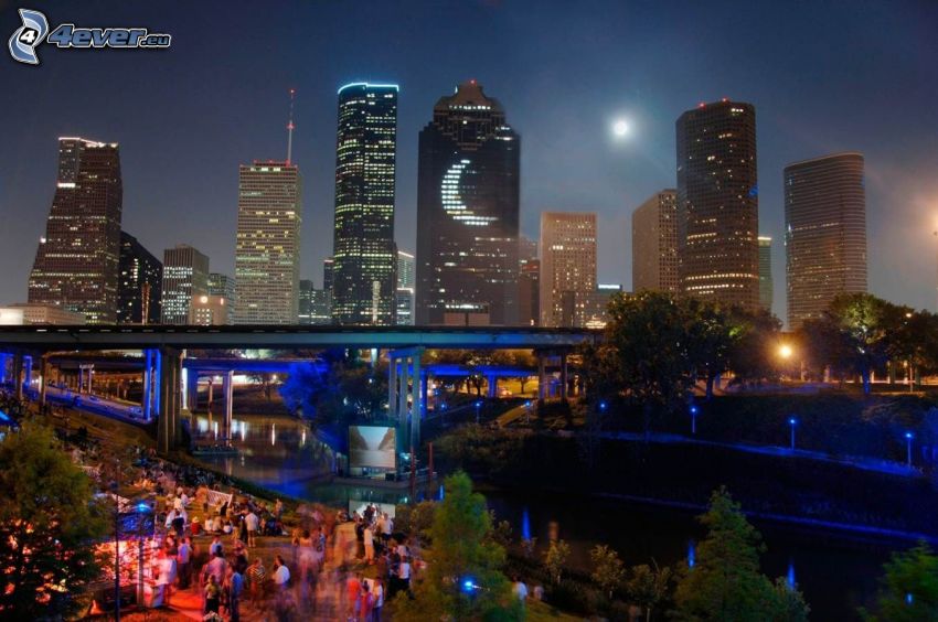 Houston, felhőkarcolók, éjszakai város, híd