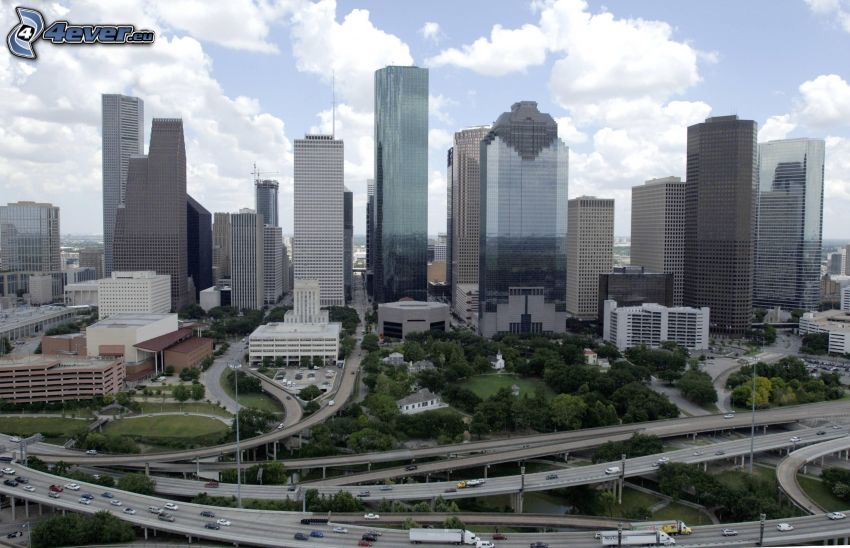 Houston, felhőkarcolók, országút