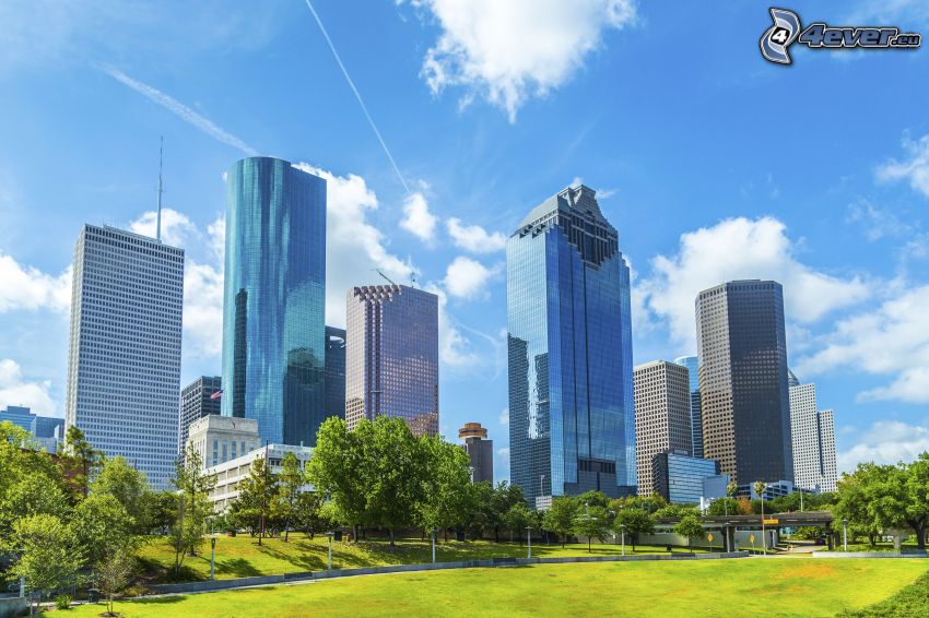 Houston, felhőkarcolók, park