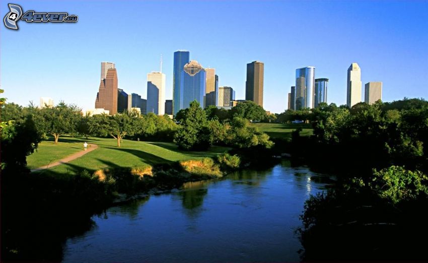 Houston, folyó, park, fák