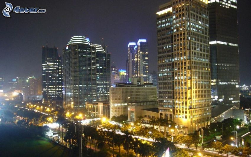 Jakarta, éjszakai város, felhőkarcolók