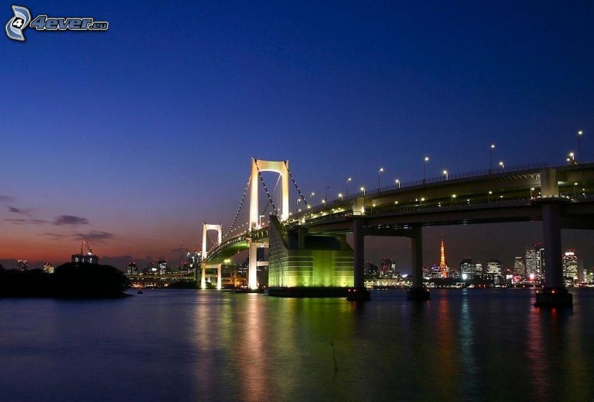 kivilágított híd, esti város, folyó, Tokió