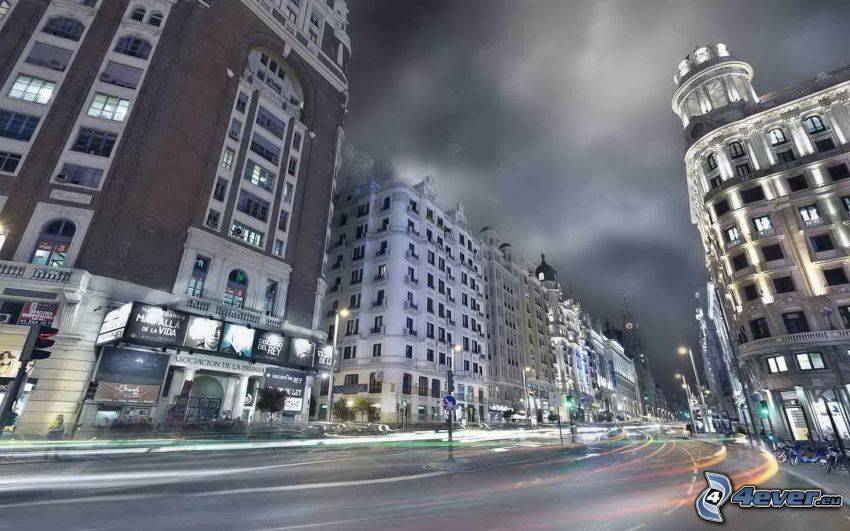 Madrid, utca, éjszakai város