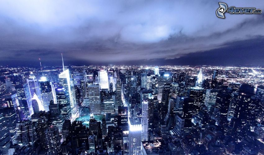Manhattan, New York, éjszakai város, felhőkarcolók