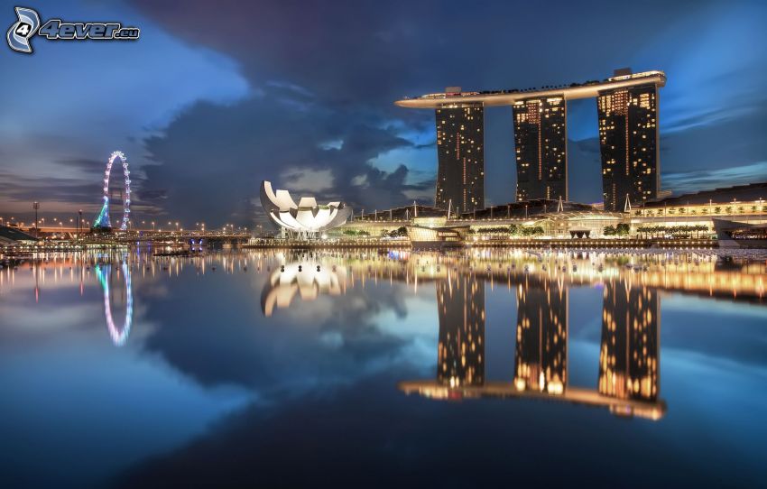 Marina Bay Sands, Szingapúr, épületek, este, víz, visszatükröződés, körhinta